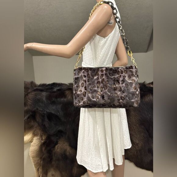 Leopard Real Mink Fur Handmade Large Clutch/Shoulder Bag/Crossbody, Multi Use - Picture 3 of 16
